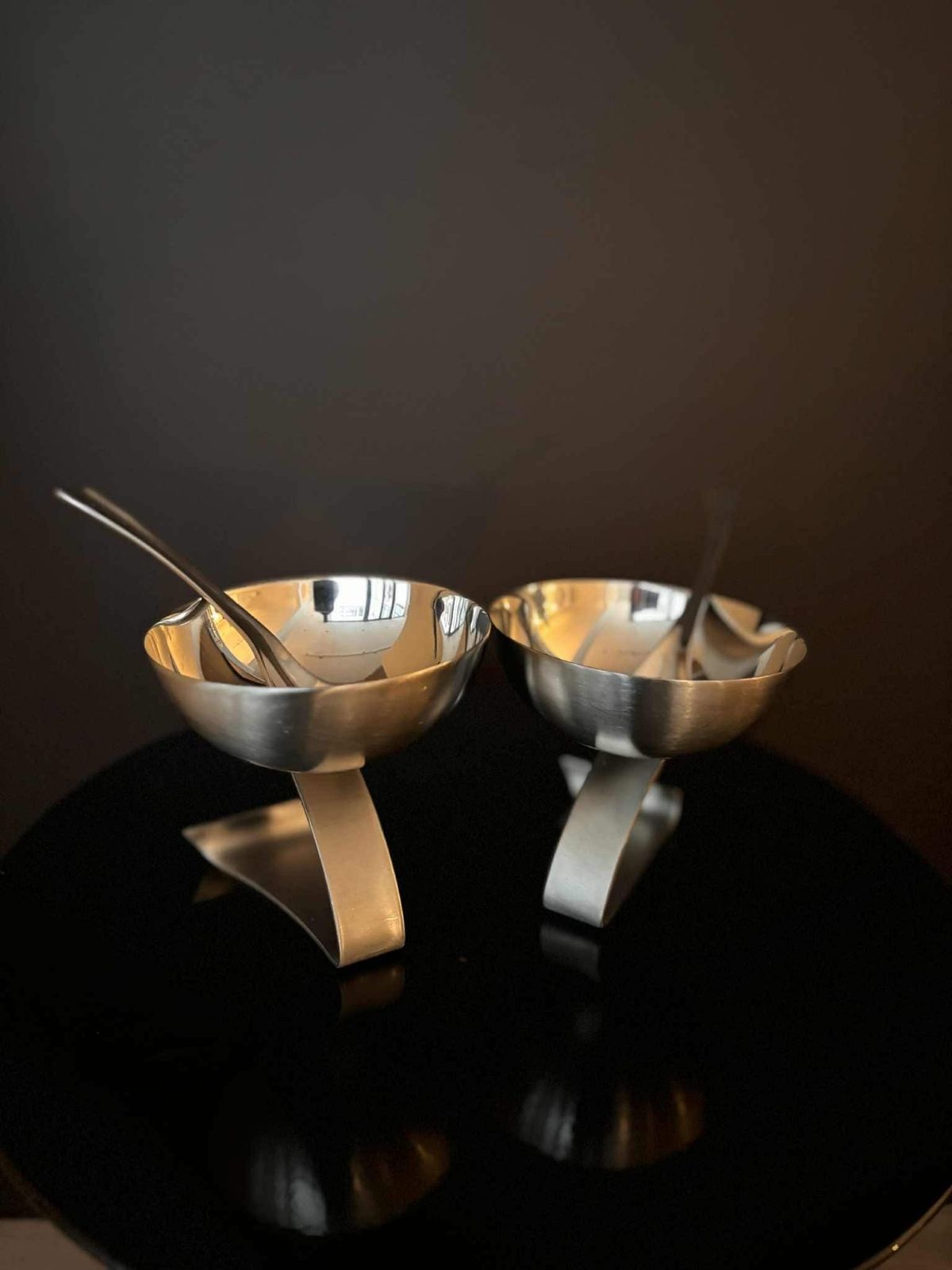 Futuristic Stainless Steel Dessert Cups – Set Of 2 With Matching Modernist Spoons (1980s) photo 196.0
