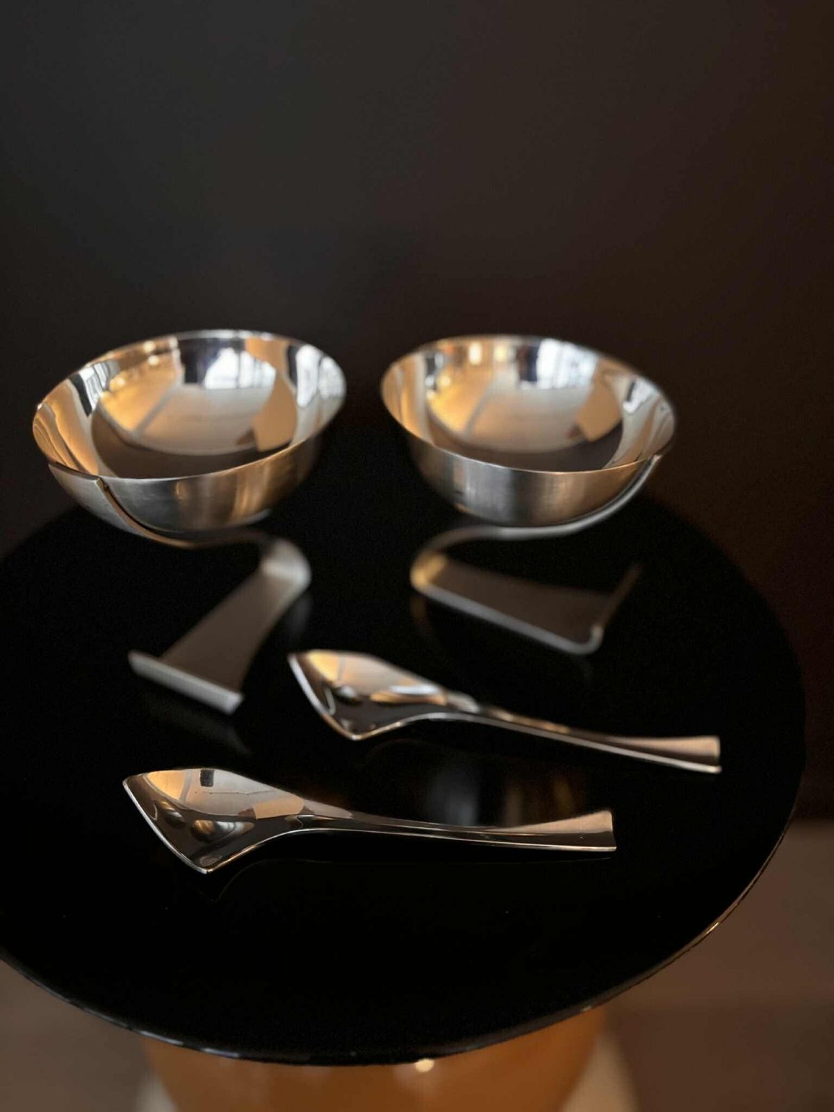 photo vinterior Futuristic Stainless Steel Dessert Cups – Set Of 2 With Matching Modernist Spoons (1980s)