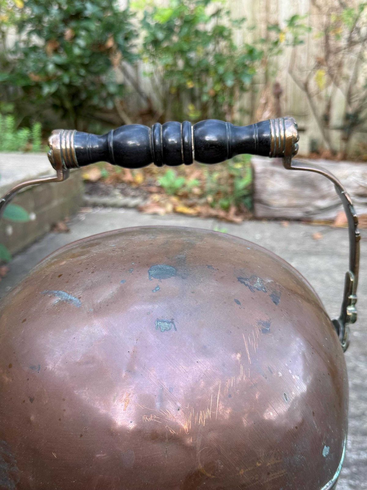 Antique Copper & Brass Coal Scuttle With Verdigris Patina And Turned Handle photo buy