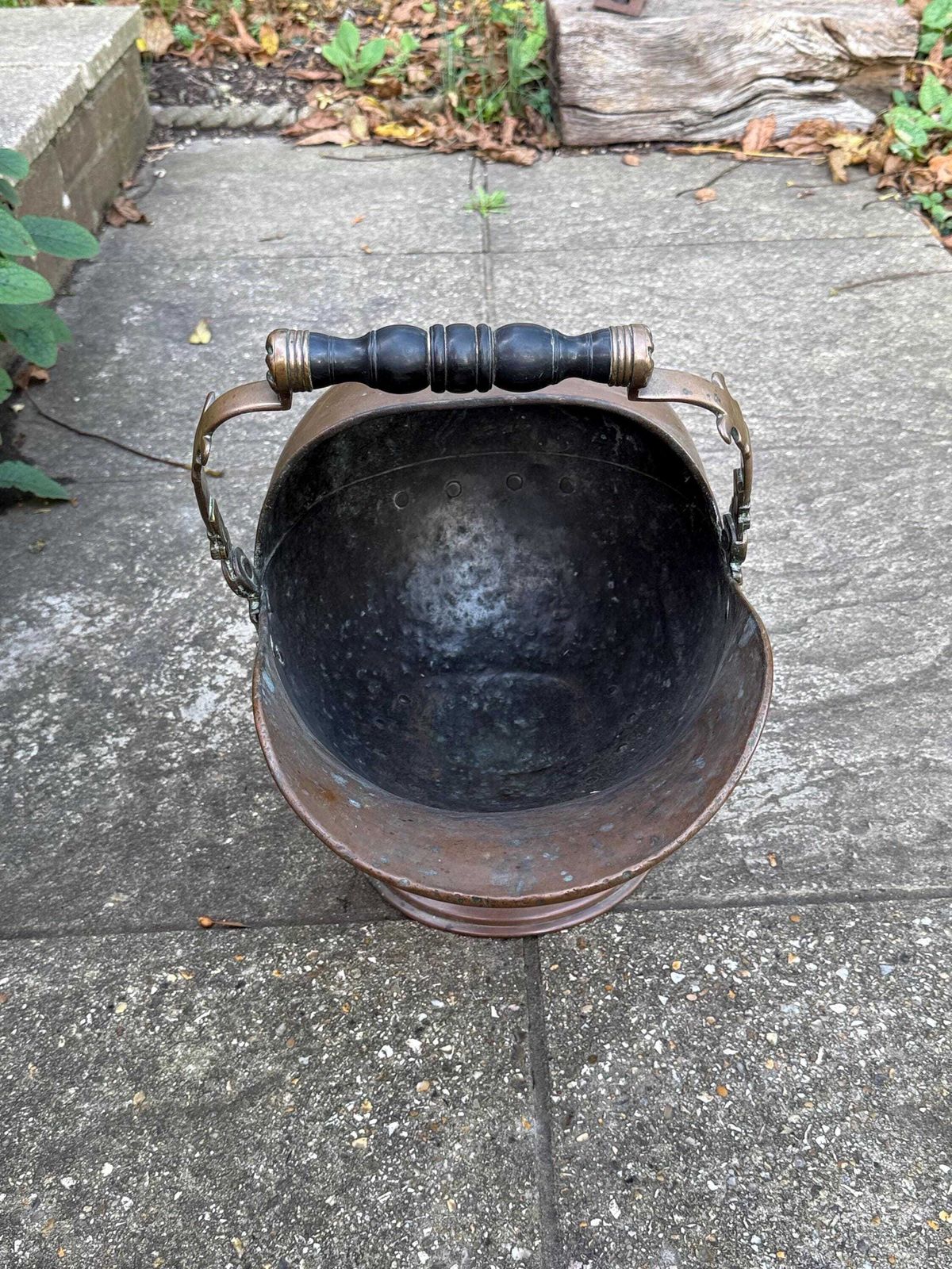 153.0 Antique Copper & Brass Coal Scuttle With Verdigris Patina And Turned Handle photo
