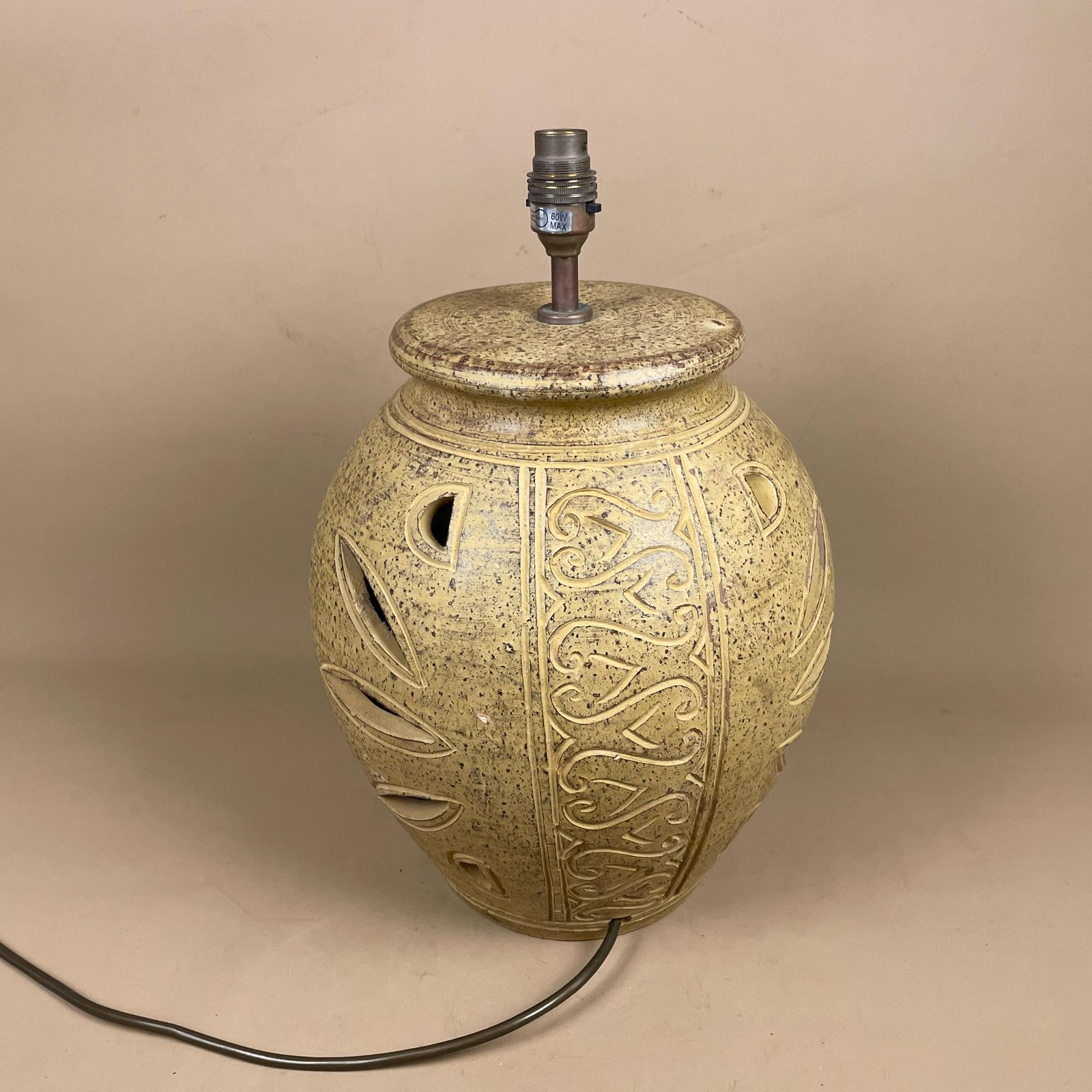 Ceramic Clay Patterned Studio Pottery Lamp Bedside Table Light Round Vase Retro Cottage Natural Antique Pattern Handmade Textured Vintage photo vinterior
