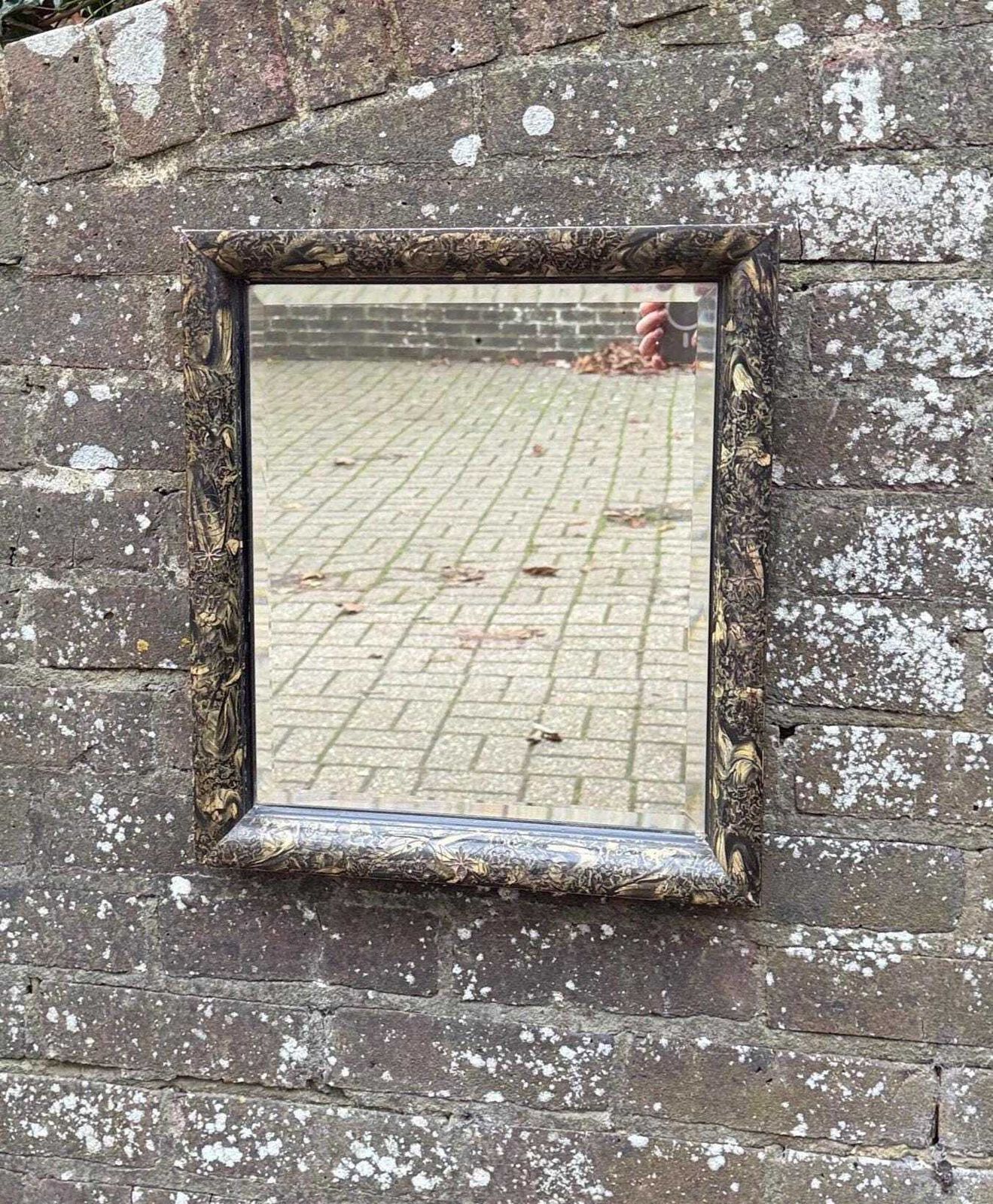 Unusual Antique Lacquered Gesso Decoupage Mirror With Black And Gold Aesthetic Movement Frame 40cm X 45cm
