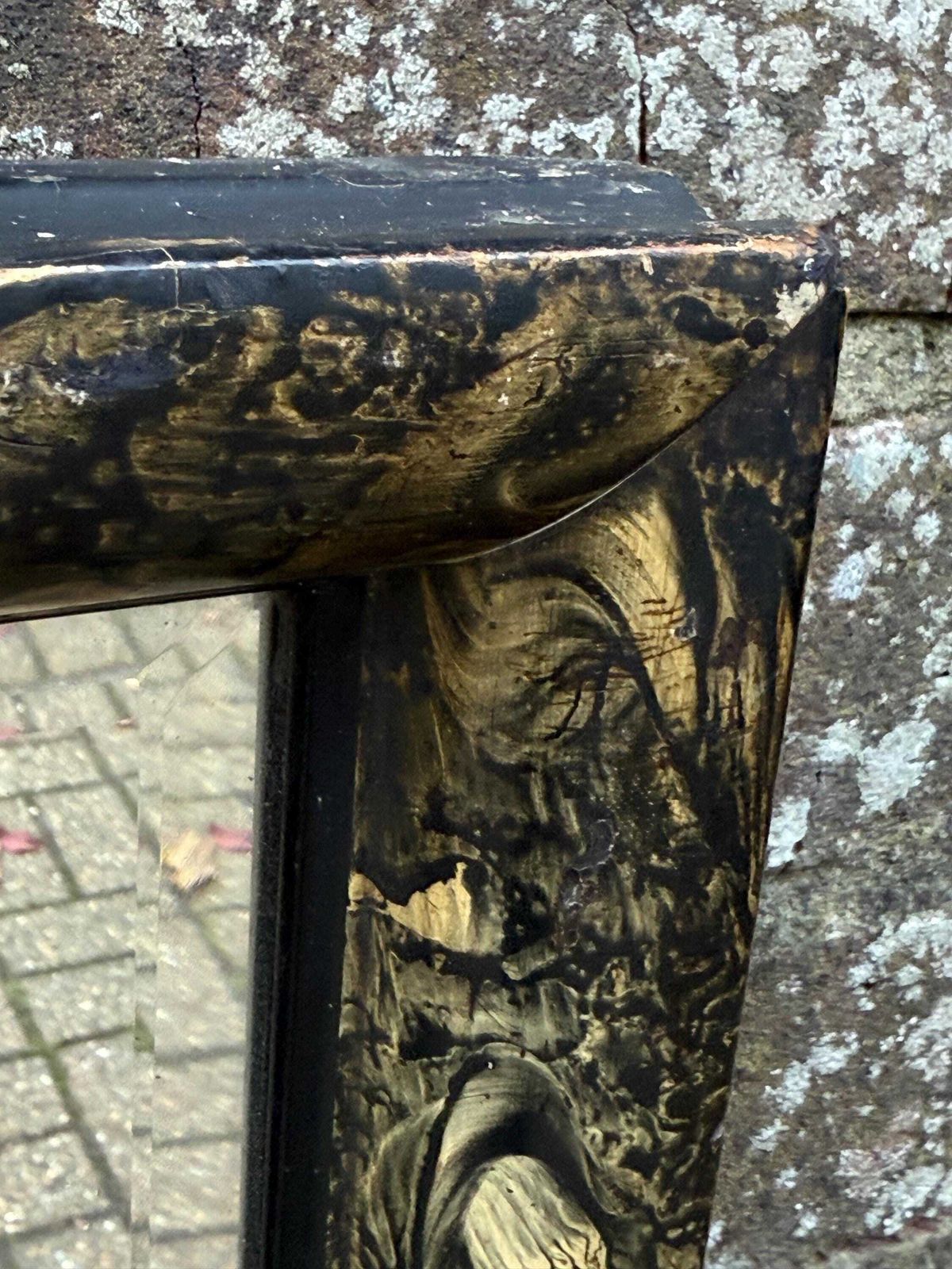 Unusual Antique Lacquered Gesso Decoupage Mirror With Black And Gold Aesthetic Movement Frame 40cm X 45cm photo 155.0