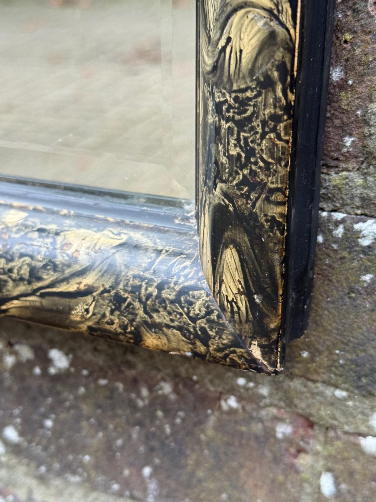 Unusual Antique Lacquered Gesso Decoupage Mirror With Black And Gold Aesthetic Movement Frame 40cm X 45cm photo buy