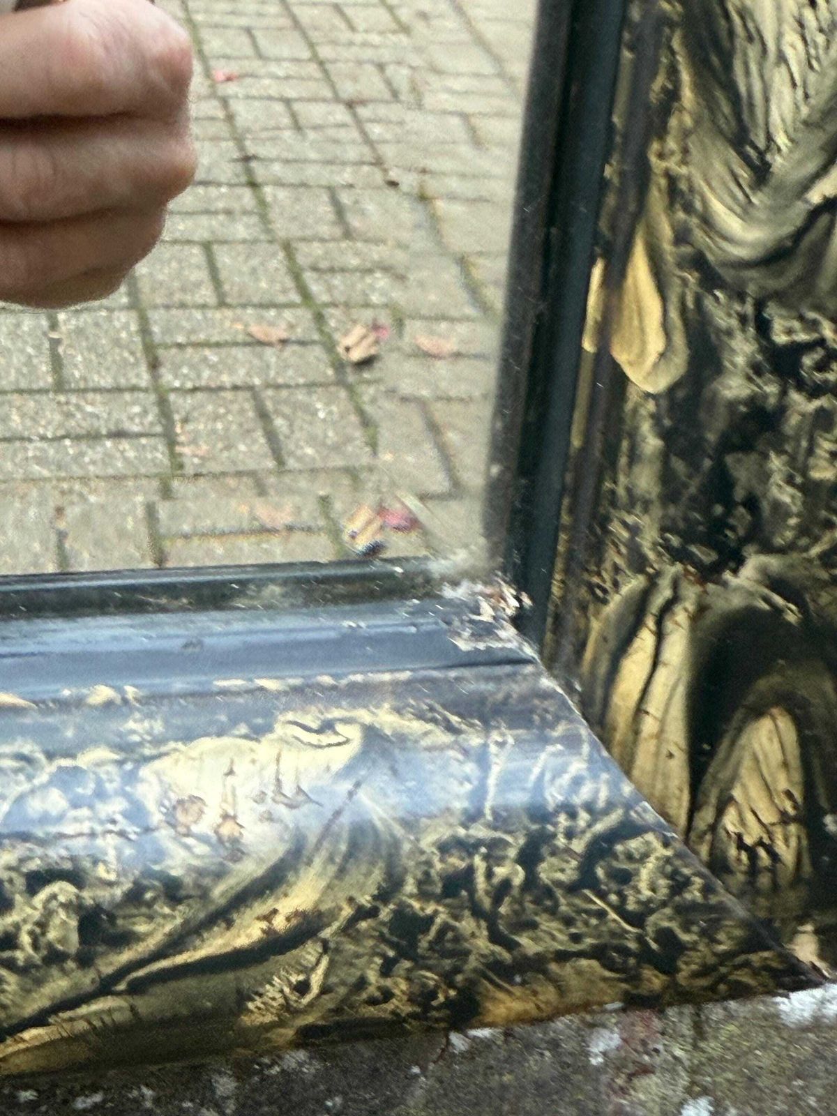 photo for sale Unusual Antique Lacquered Gesso Decoupage Mirror With Black And Gold Aesthetic Movement Frame 40cm X 45cm