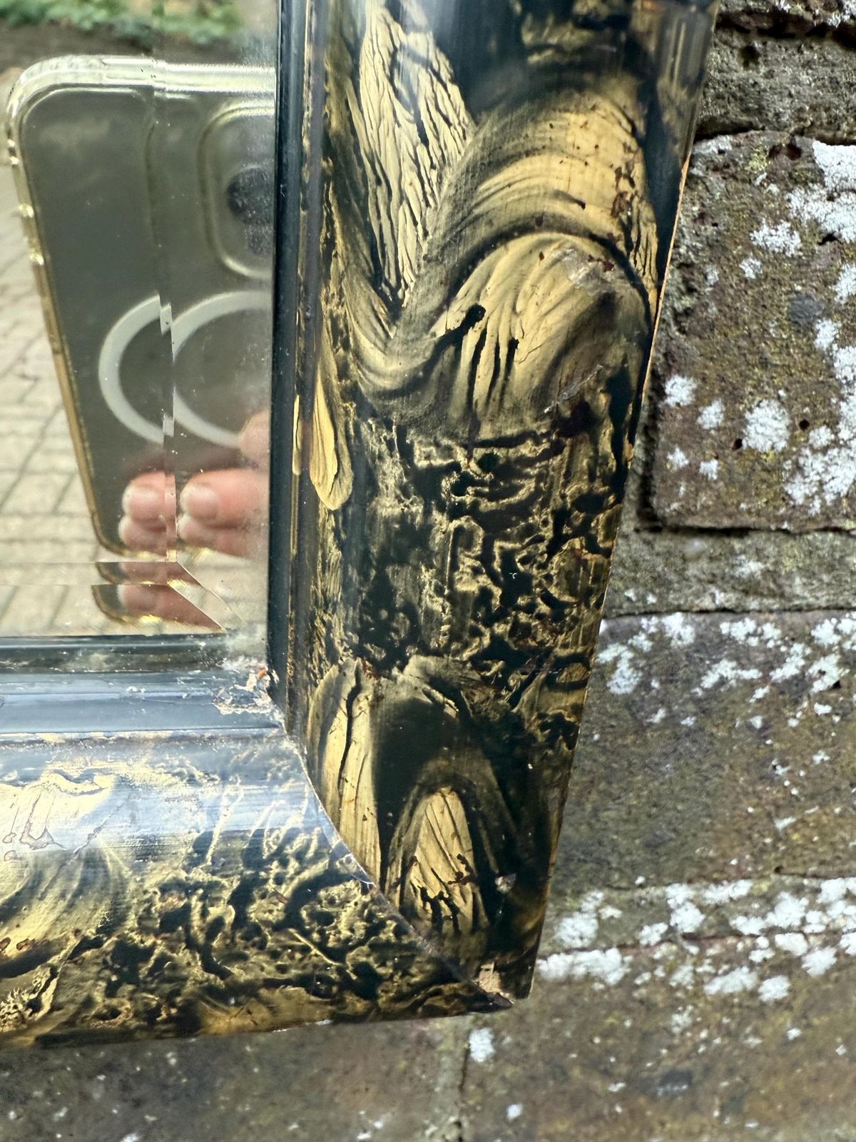 photo vinterior Unusual Antique Lacquered Gesso Decoupage Mirror With Black And Gold Aesthetic Movement Frame 40cm X 45cm