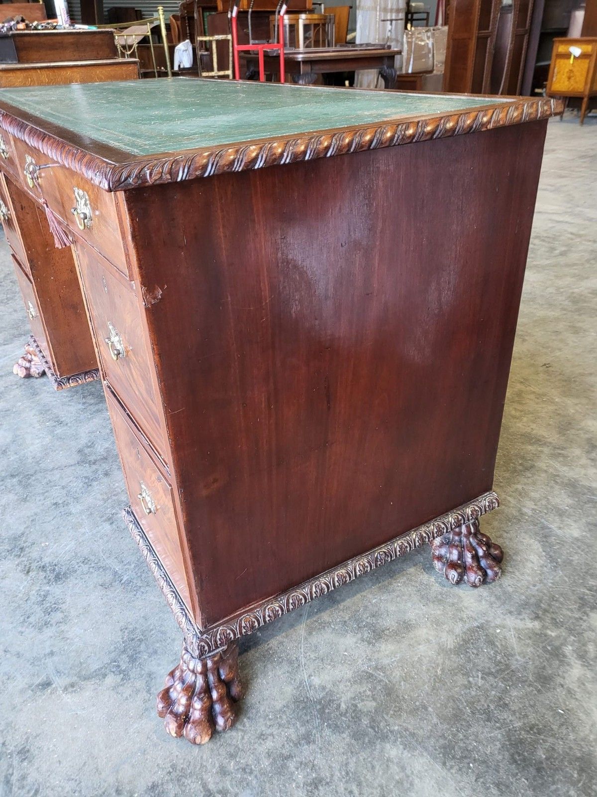 Furniture Antique Victorian Knee Hole Writing Desk Claw Feet Leather Top Cupboard photo
