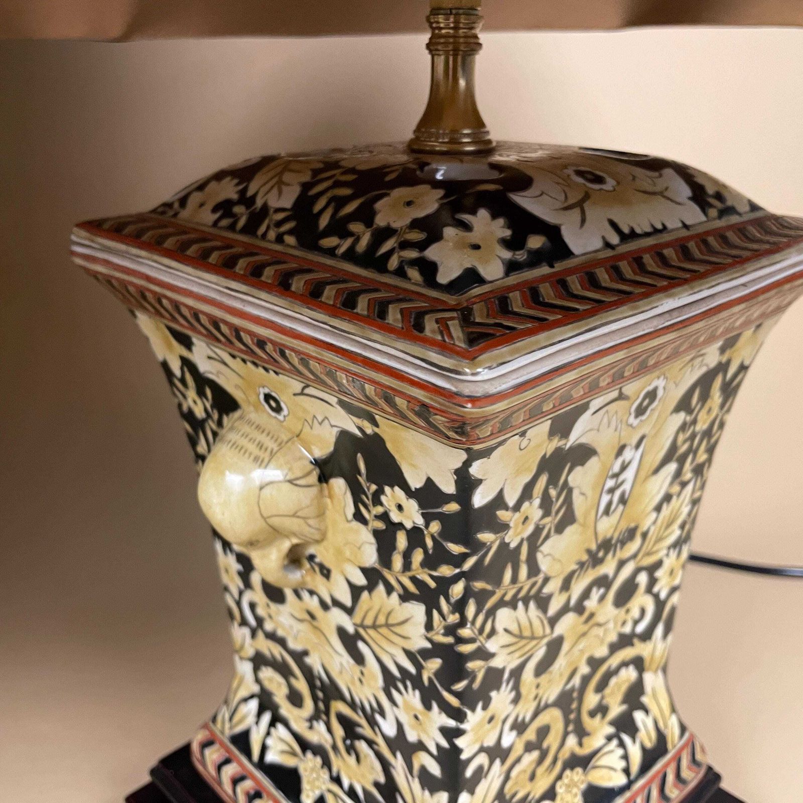 photo for sale Pair Of Oriental Ceramic Lamps With Lampshades Black Yellow Patterned Vintage Chinoiserie Porcelain Bedside Table Lighting Lamp Chinese Wood