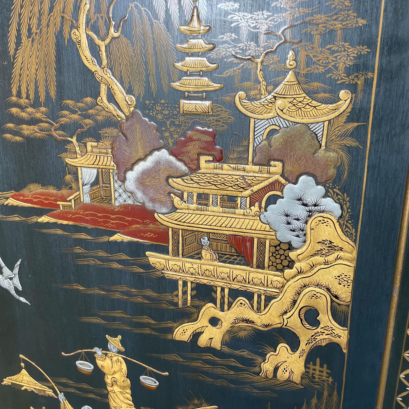 Oriental Lacquer Wardrobe Vintage Double Cabinet Painted Chinoiserie Blue Asian Bedroom Hand Decorated Gold Red Furniture Figures Scenes photo for sale