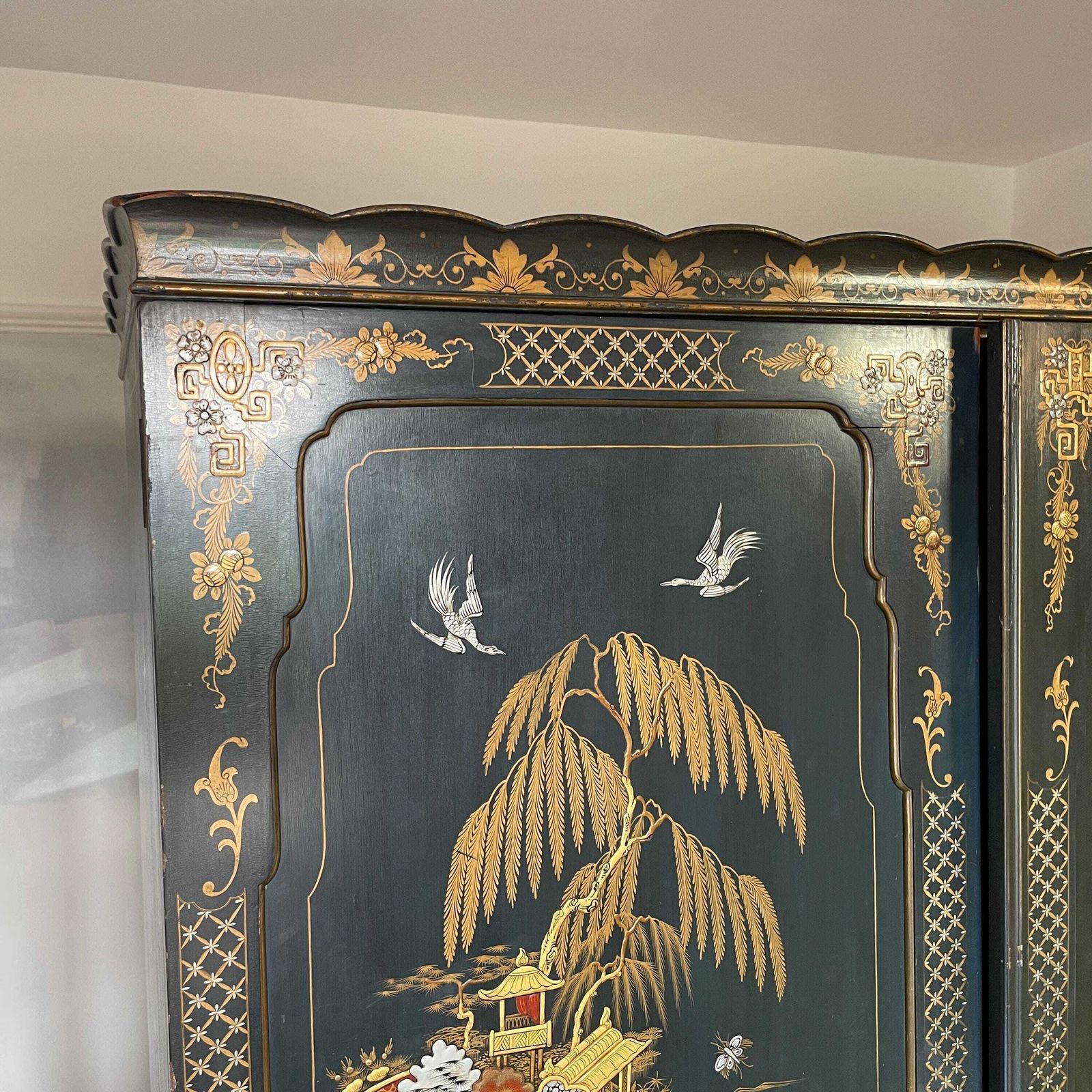 Oriental Lacquer Wardrobe Vintage Double Cabinet Painted Chinoiserie Blue Asian Bedroom Hand Decorated Gold Red Furniture Figures Scenes photo Furniture