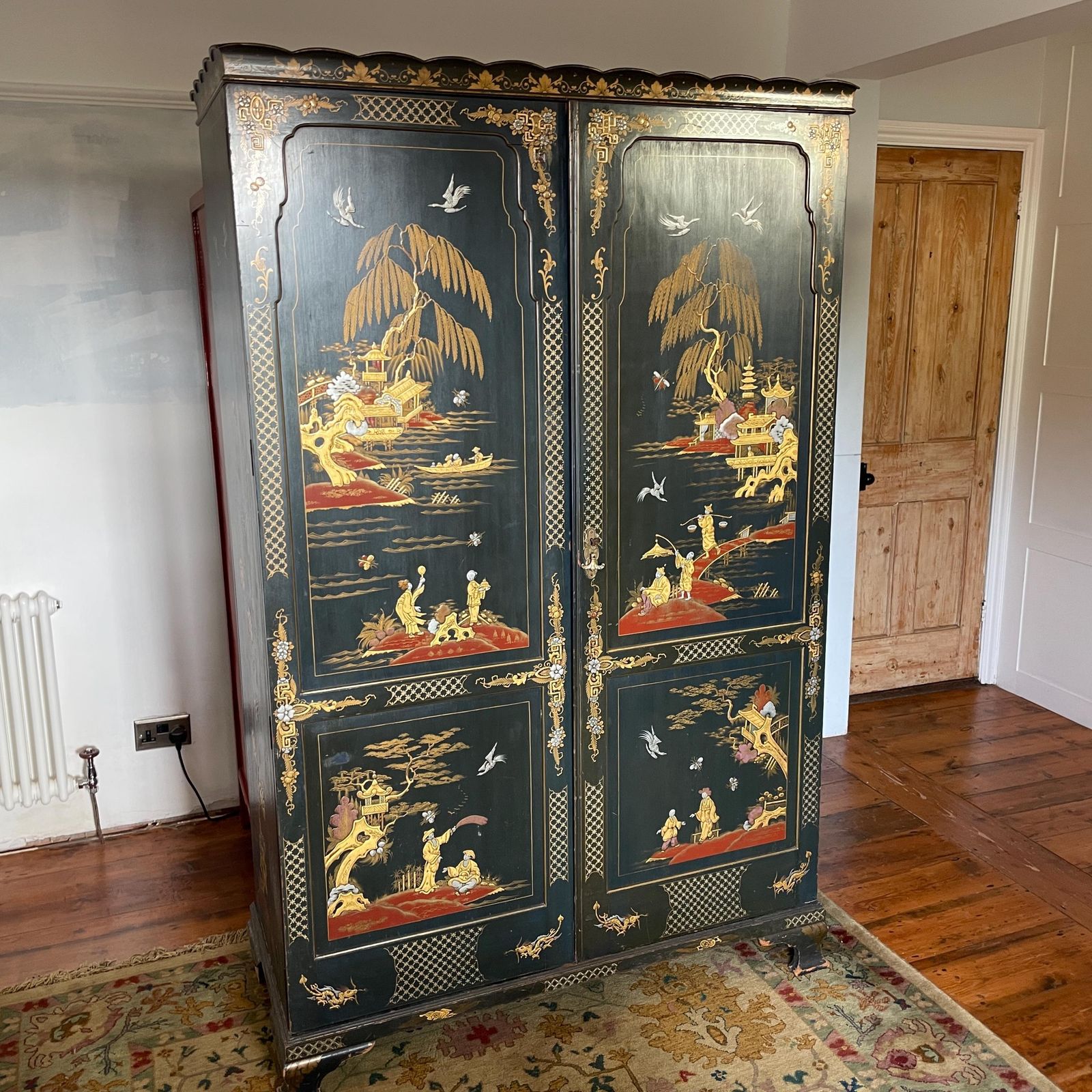1200.0 Oriental Lacquer Wardrobe Vintage Double Cabinet Painted Chinoiserie Blue Asian Bedroom Hand Decorated Gold Red Furniture Figures Scenes photo
