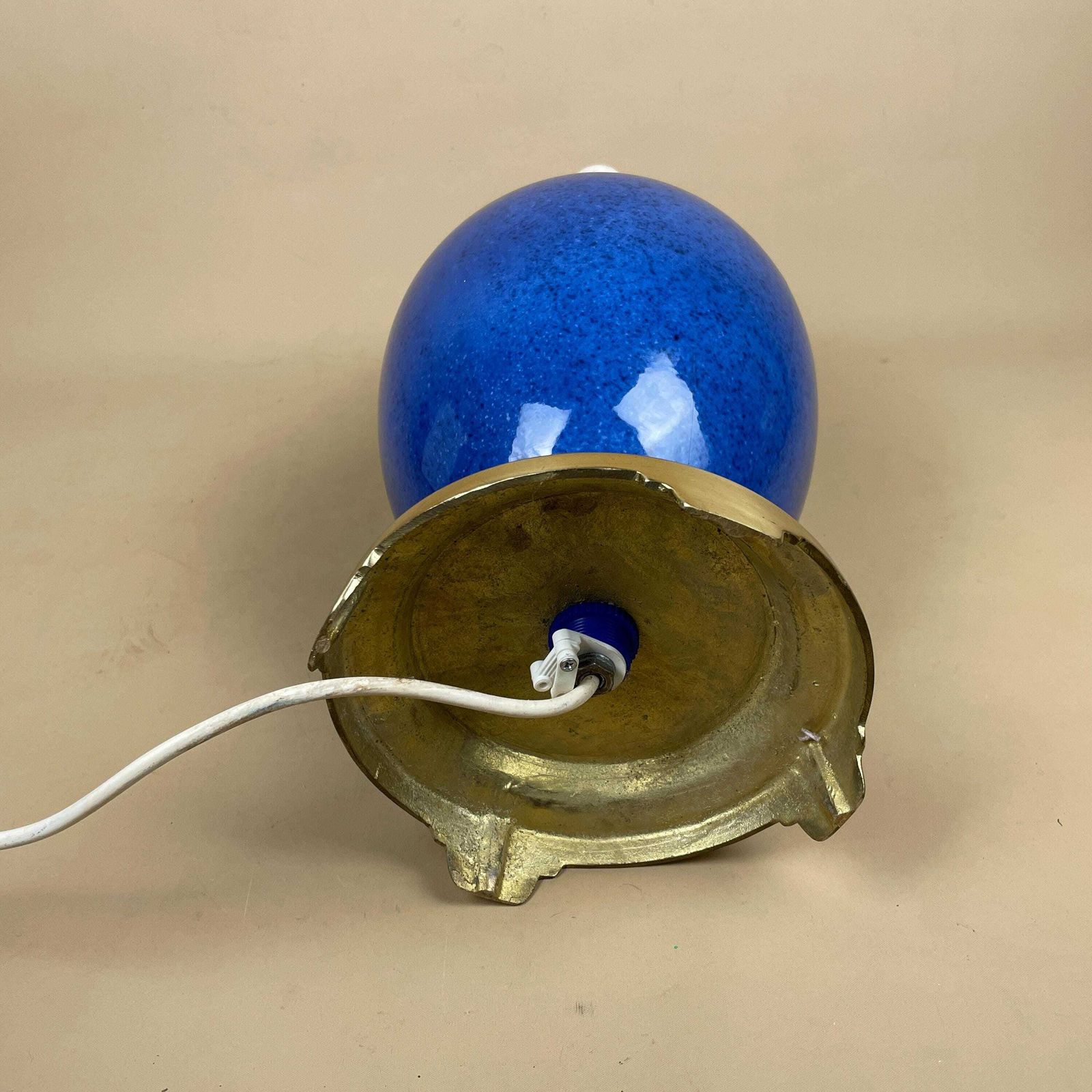photo for sale Ceramic Lamp Light Bedside Table Glazed Blue Antique Gold Brass Metal Vase Large Vintage Round Elegant Classic