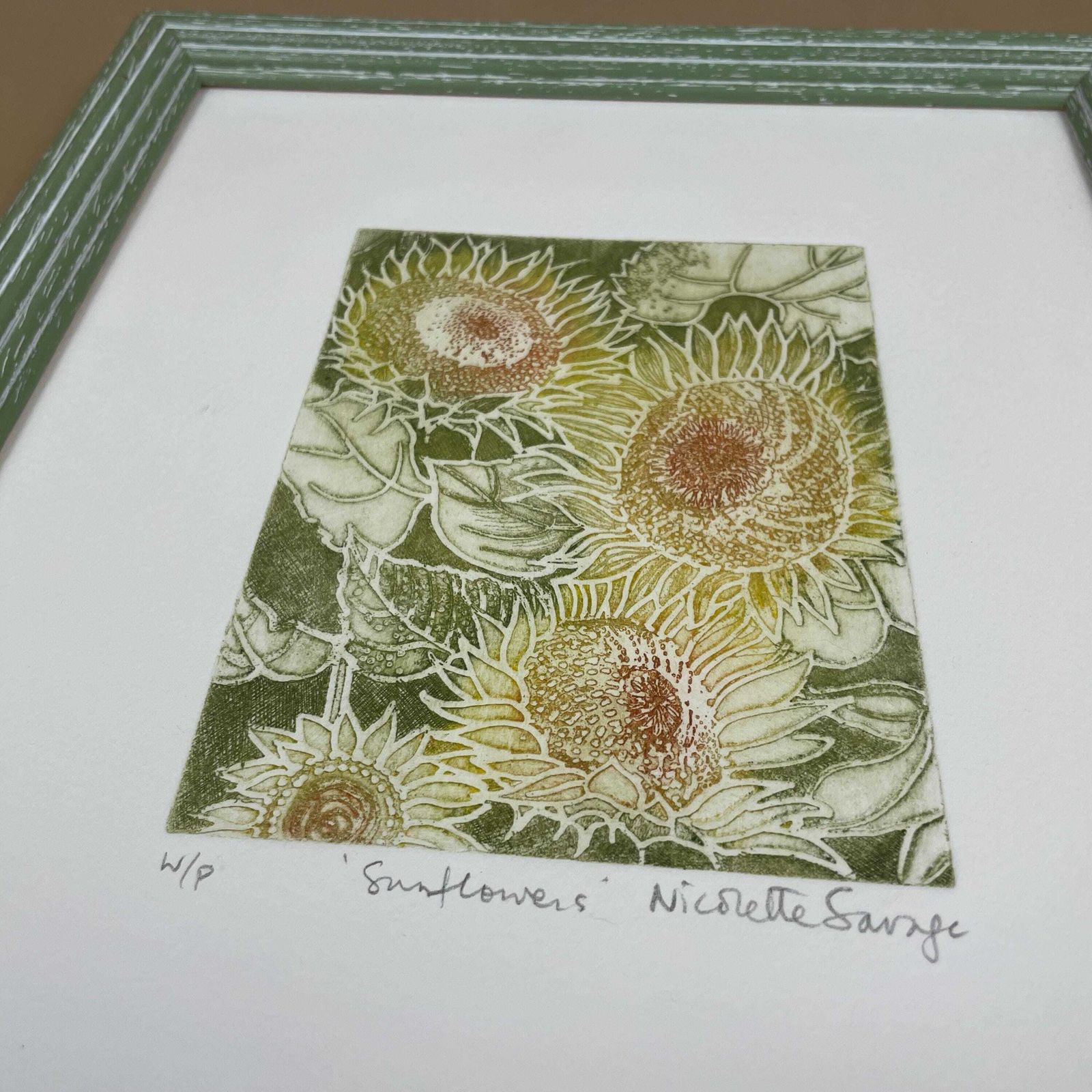 Original Sunflowers Etching Nicolette W/P Savage Framed Botanical Art Hand Coloured Floral Print Green Frame Natural Flower Artwork photo furniture