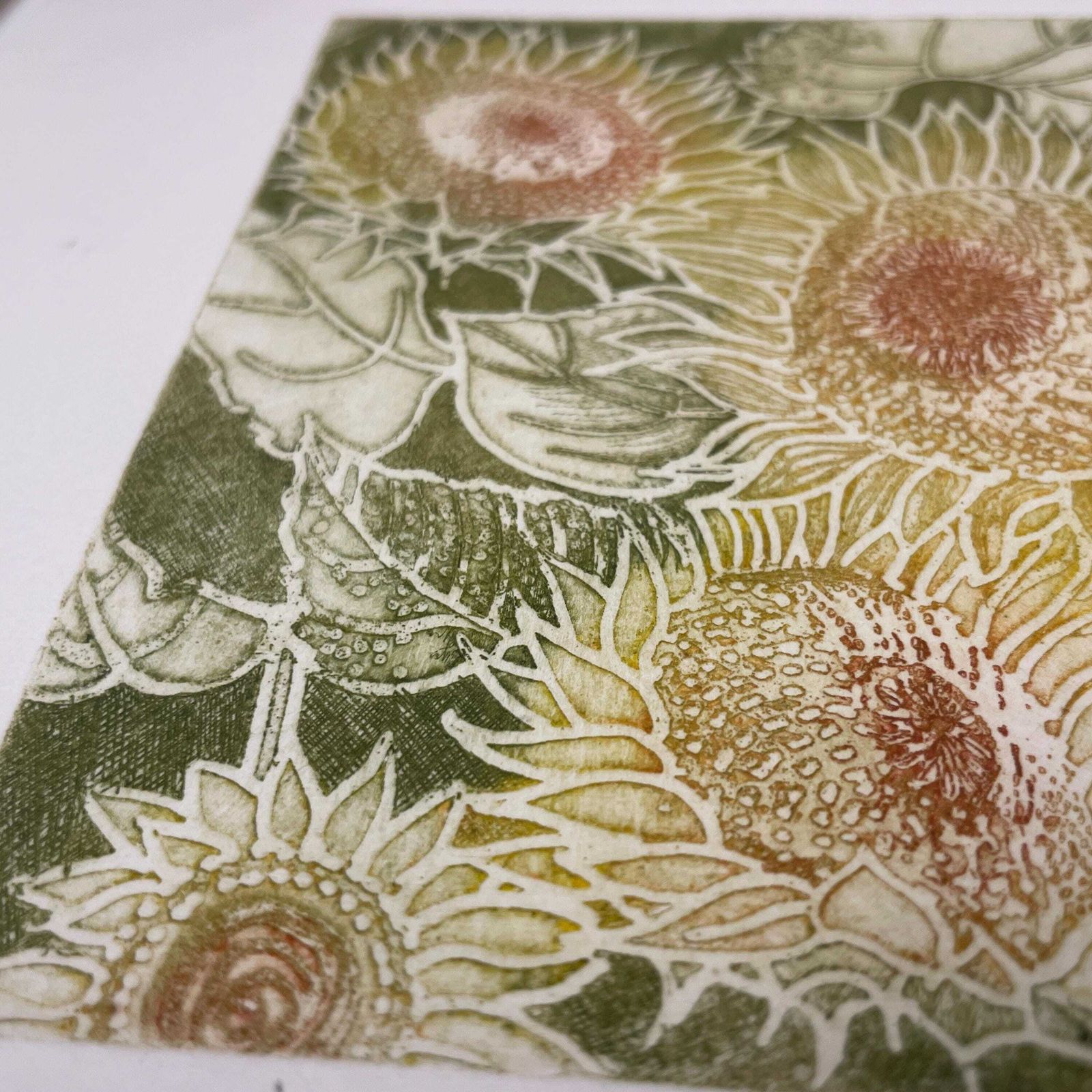 Original Sunflowers Etching Nicolette W/P Savage Framed Botanical Art Hand Coloured Floral Print Green Frame Natural Flower Artwork photo vinterior