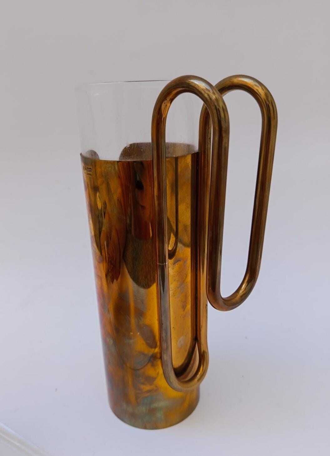 Rare Shaker Ellisse Design Fratelli Cassetti Vintage Brass Glass Jug Hollywood photo for sale