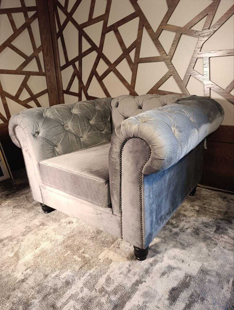 Contemporary Chesterfield Style Armchair | Grey Velvet With Stud Detailing | Deep Button Back photo for sale