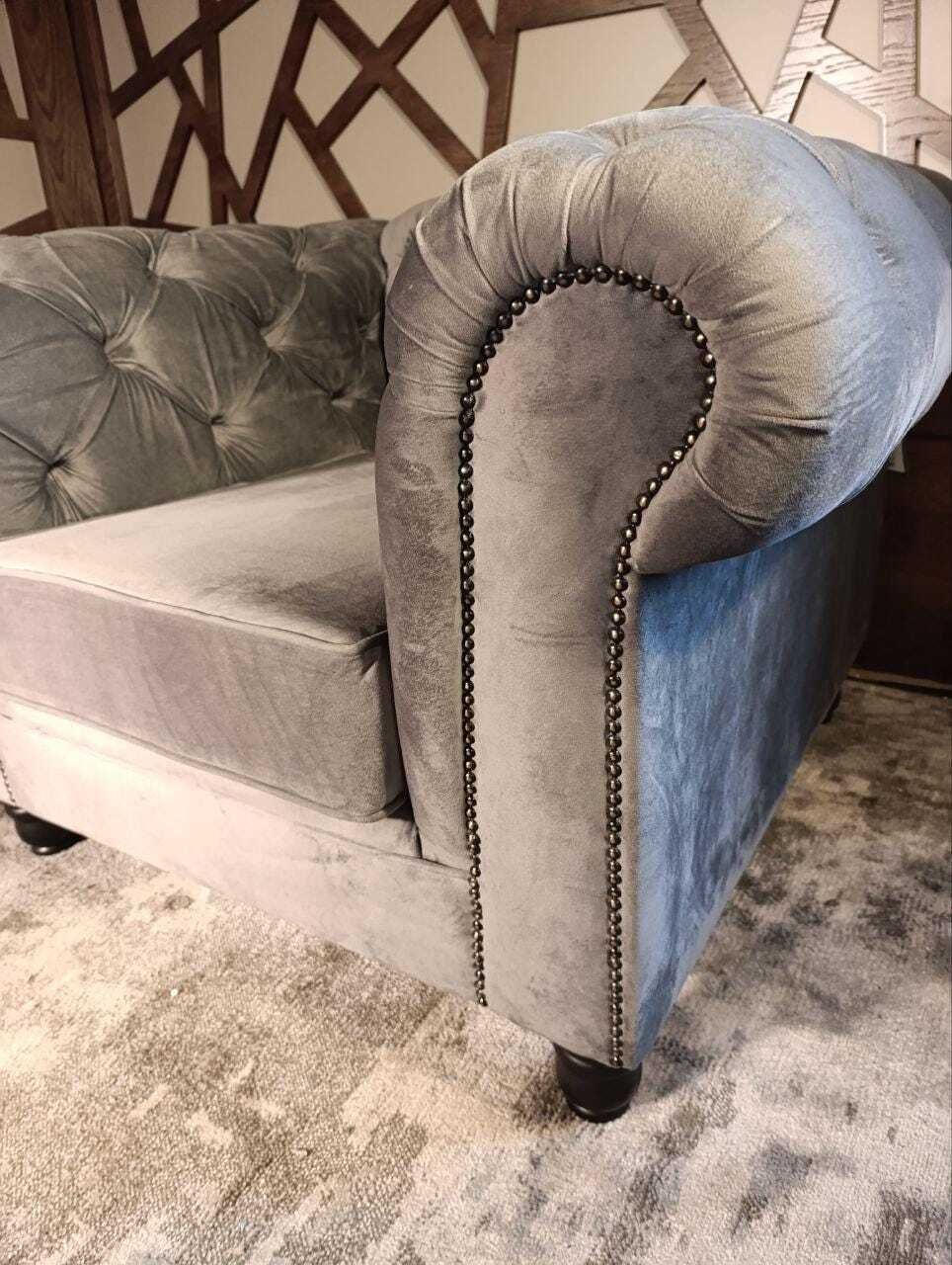 Contemporary Chesterfield Style Armchair | Grey Velvet With Stud Detailing | Deep Button Back photo Furniture