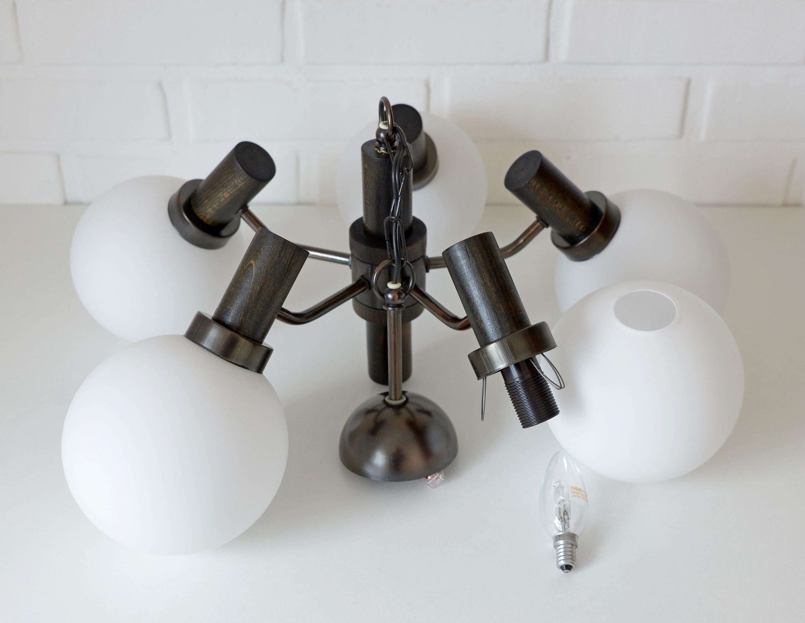 Lighting Vintage Pendant Light / Mid Century Rustic Sputnik / Wood And Copper Hanging Lamp photo