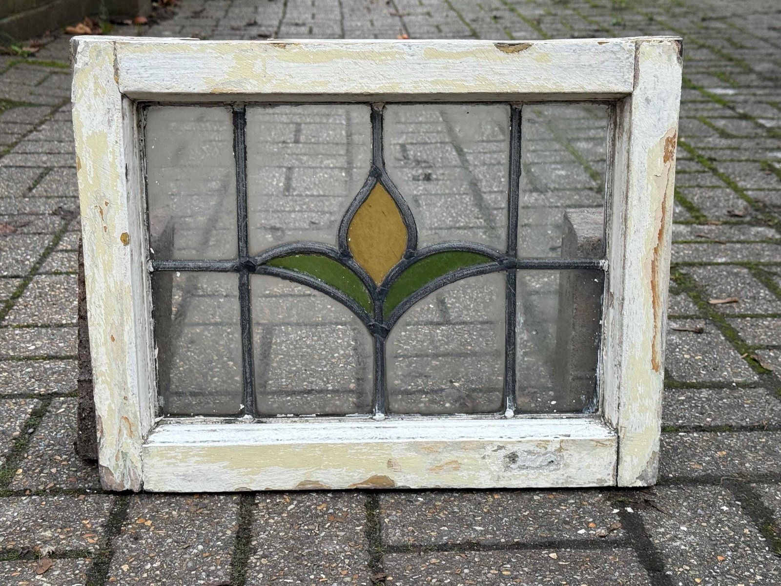 Original 1930s Art Deco Stained Glass Yellow Tulip Design Window Panel 46cm X 36cm photo furniture
