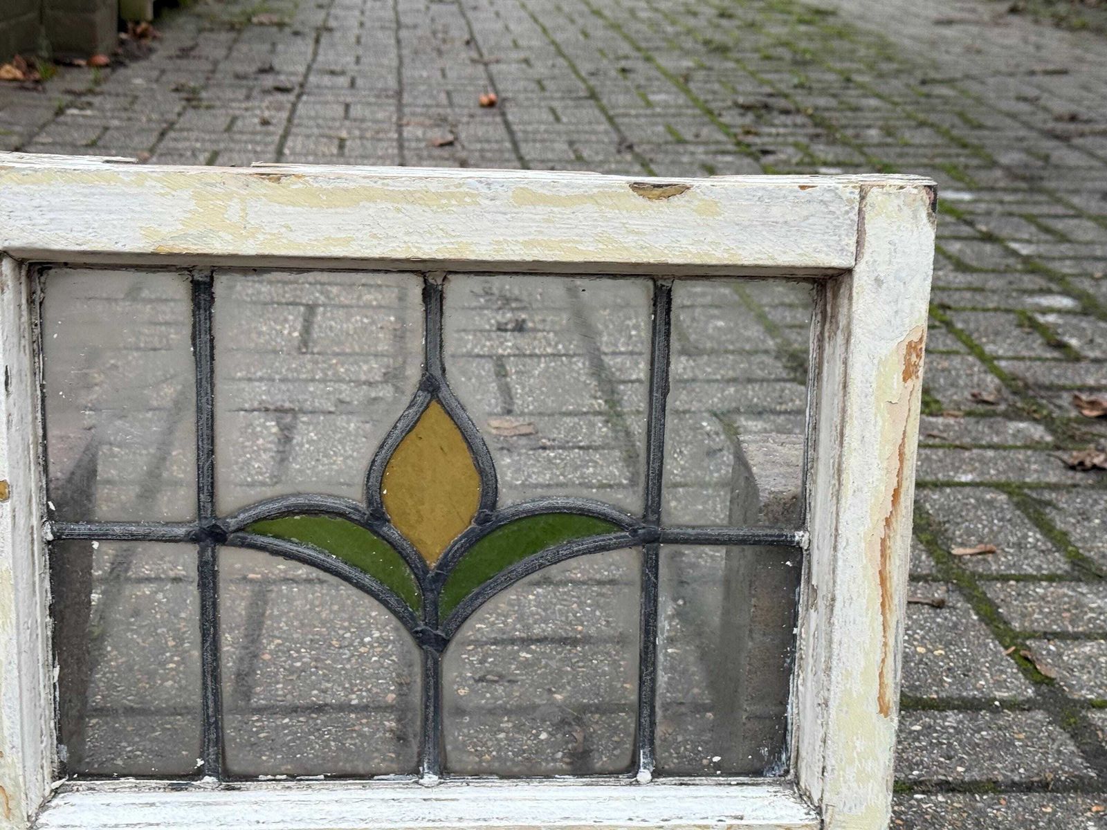 Original 1930s Art Deco Stained Glass Yellow Tulip Design Window Panel 46cm X 36cm photo vintage