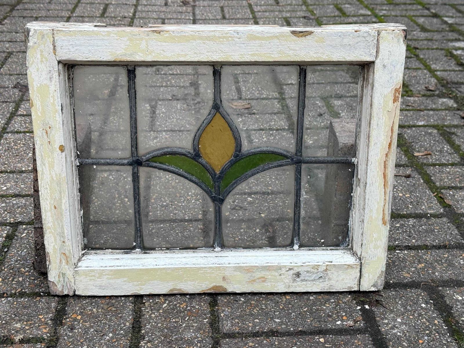 photo buy Original 1930s Art Deco Stained Glass Yellow Tulip Design Window Panel 46cm X 36cm
