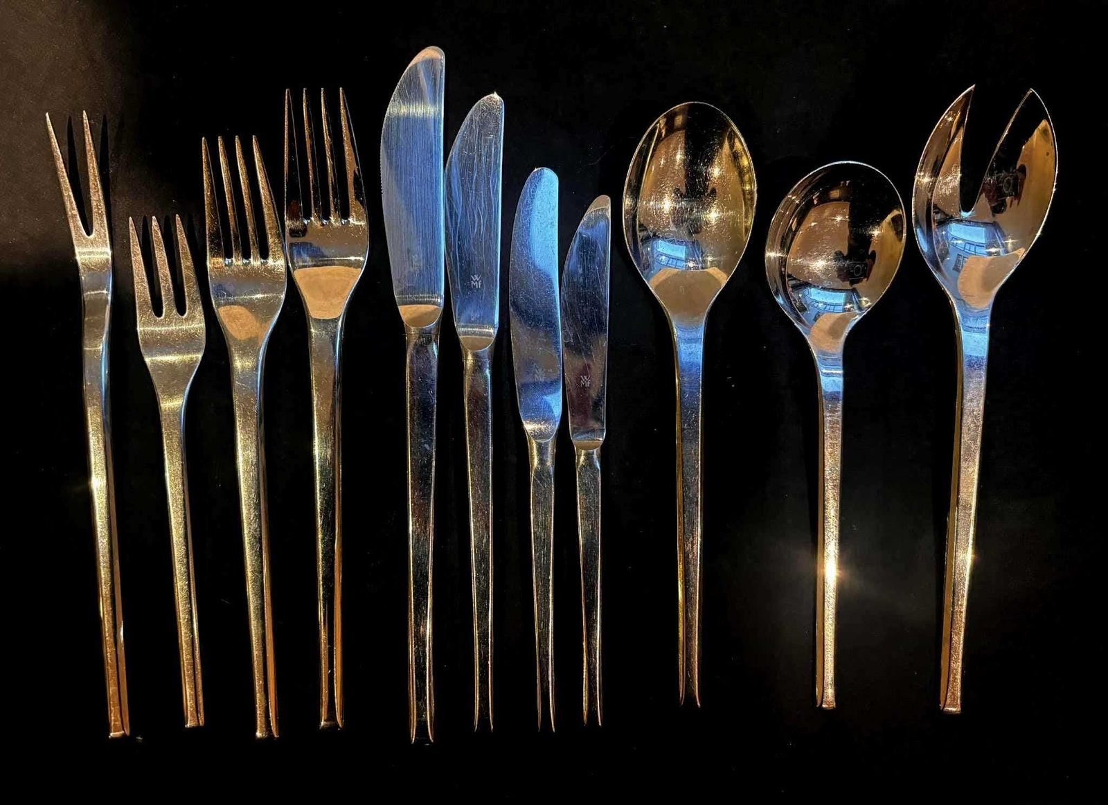 Vintage WMF Cromargan "Helsinki" 10-delig couvert • Duits modernistisch Scandinavisch design bestekset