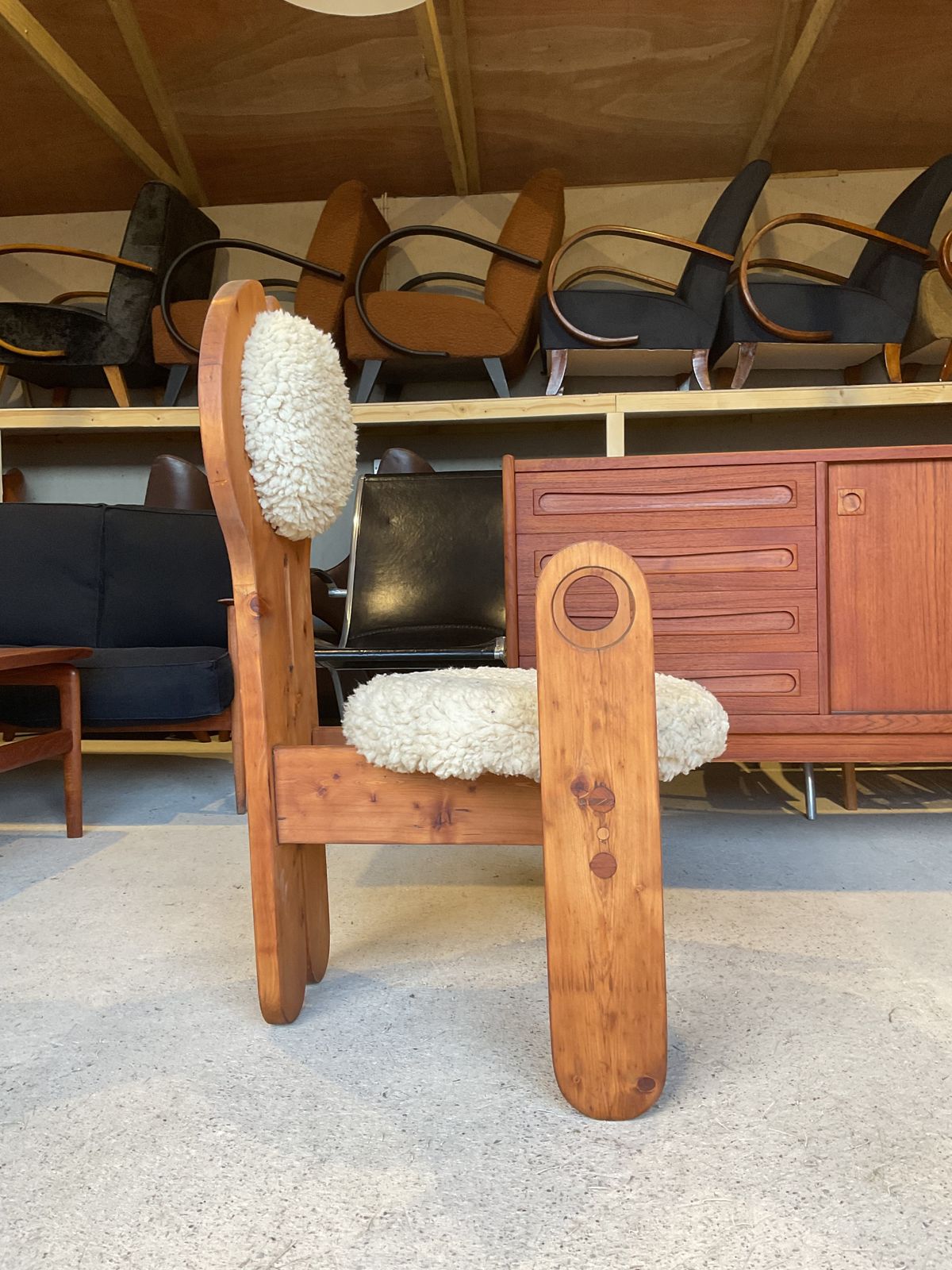 photo for sale Midcentury Solid Larch Wood& Sheepskin Side Chair, Armchair By Rudolf Szedleczky