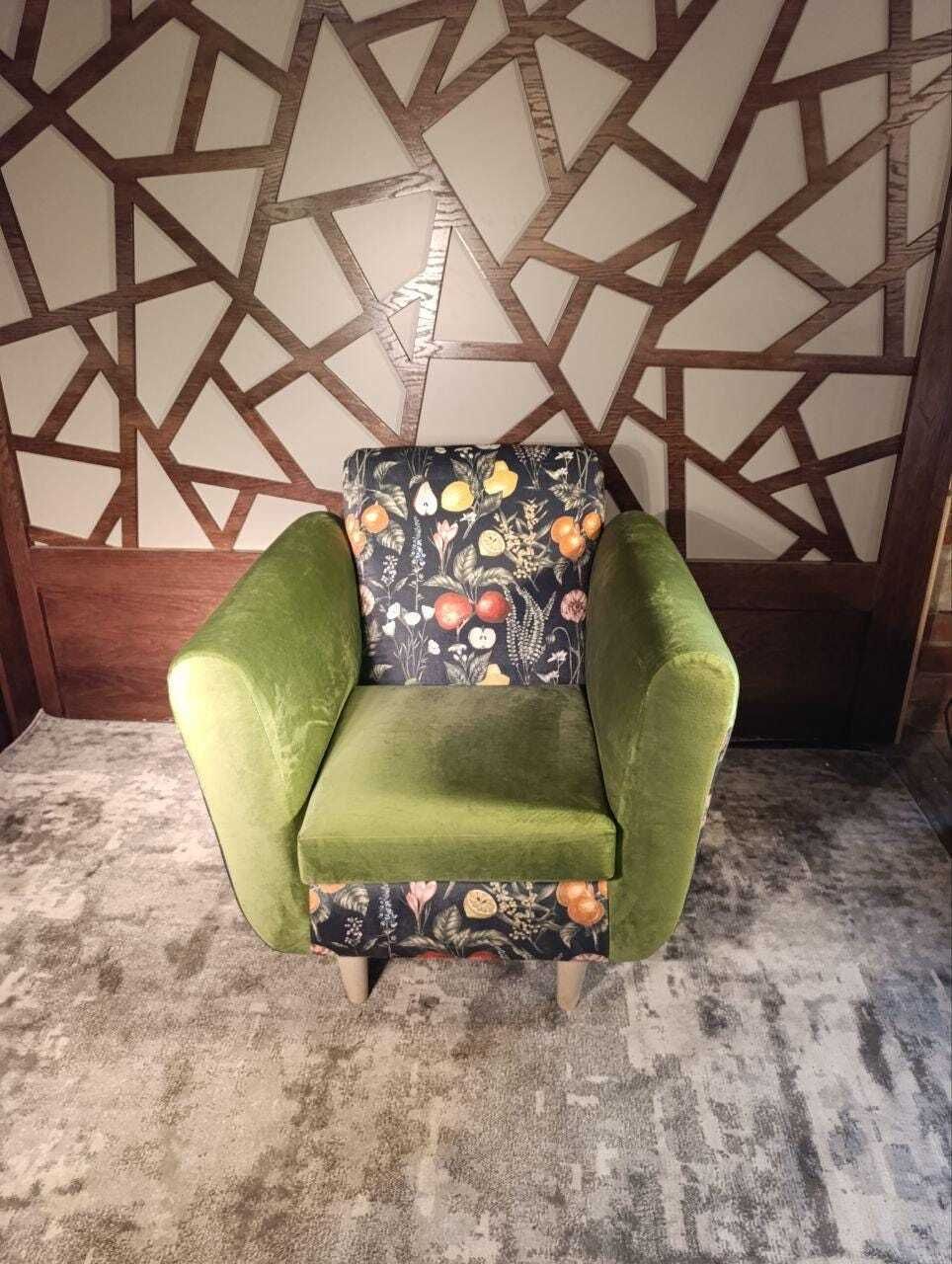 Furniture Mid Century Inspired Lounge Chair In Velvet | Clarke And Clarke Botanical Print | Sculptural Profile photo