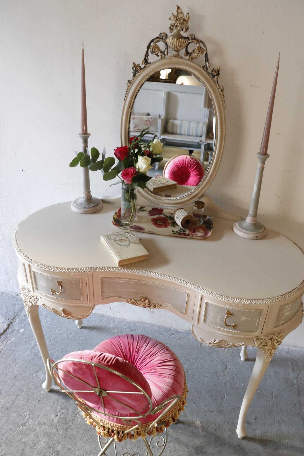 pink and grey dressing table Kate Chic Mirror Pink Vanity Dressing Table Printed Backdrop Designed