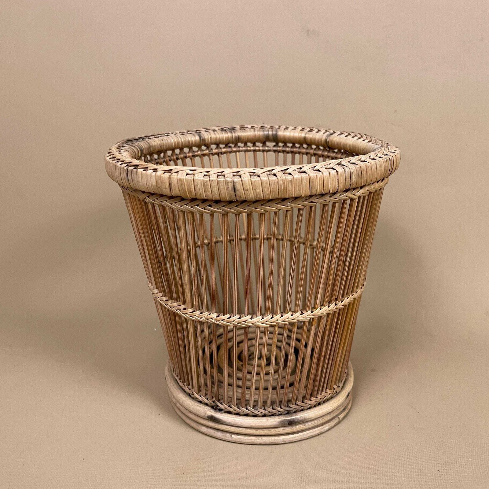 Vintage Basket Woven Wicker Brown Planter Plant Pot Round Circular Wood Brown Cottage Farmhouse Handmade Antique Bamboo Striped photo 61.0