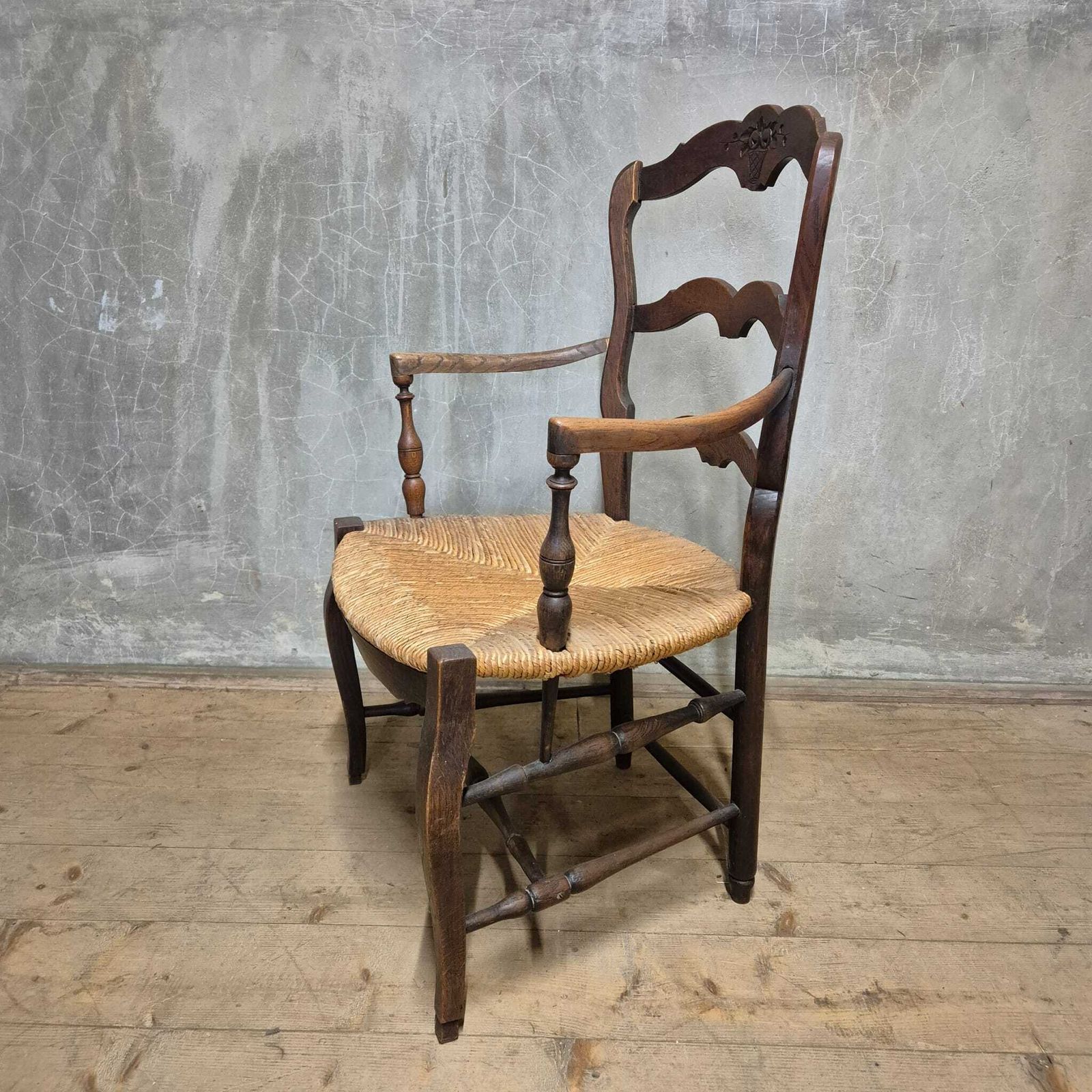 French Provincial Oak Armchair With Woven Seat, Early 20th Century, France photo for sale