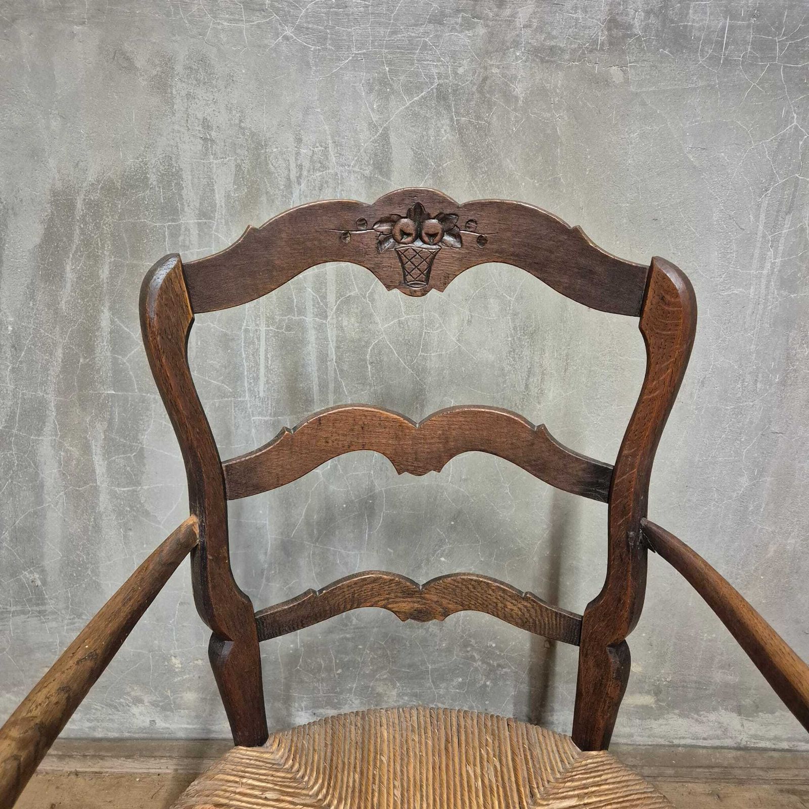 French Provincial Oak Armchair With Woven Seat, Early 20th Century, France photo vintage