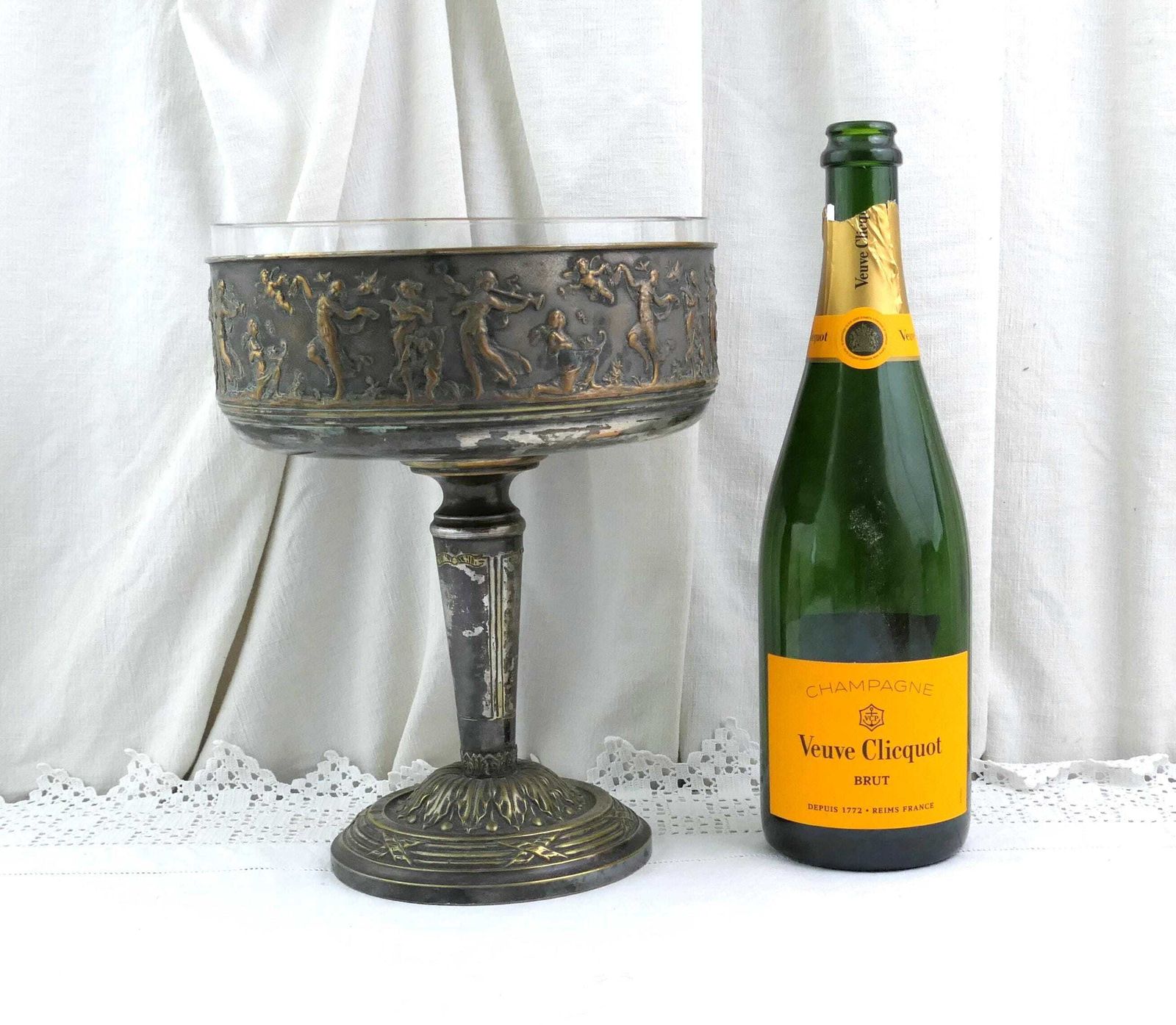 Antique French Worn Silver Plated Pedestal Fruit Bowl With Embossed Classical Scene, Retro Shabby Distressed Chateau Chic Table Center Piece