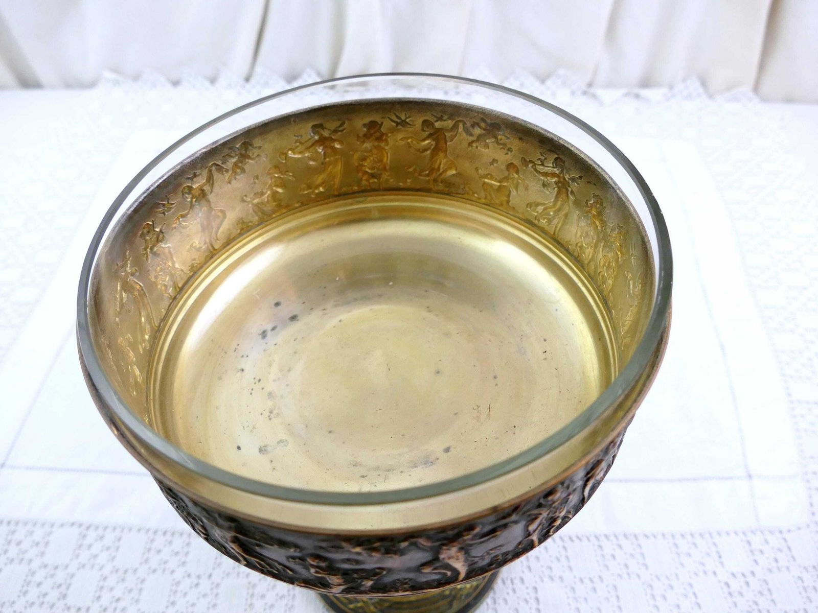 photo for sale Antique French Worn Silver Plated Pedestal Fruit Bowl With Embossed Classical Scene, Retro Shabby Distressed Chateau Chic Table Center Piece