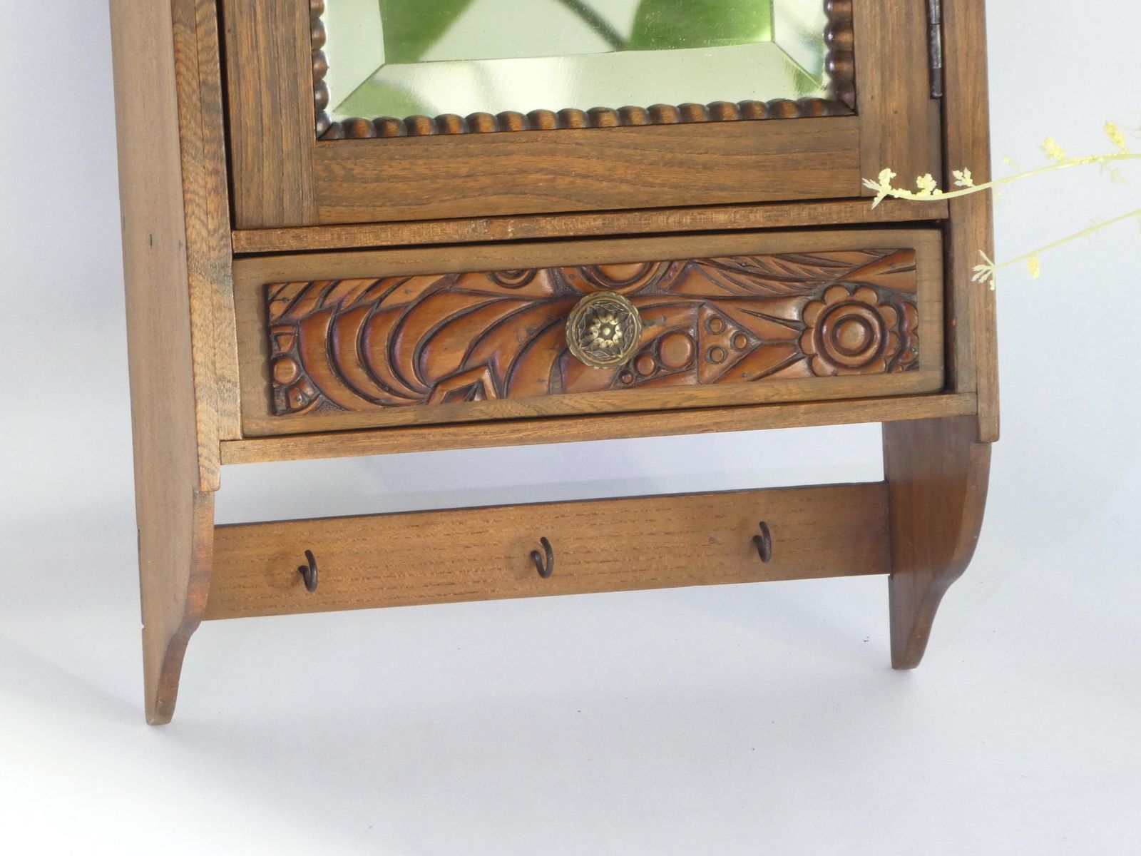 Antique Small Wooden Wall Cabinet Floral Carved Details, Mirror Apothecary With Drawer, Medicine Cabinet, Small Chest photo furniture