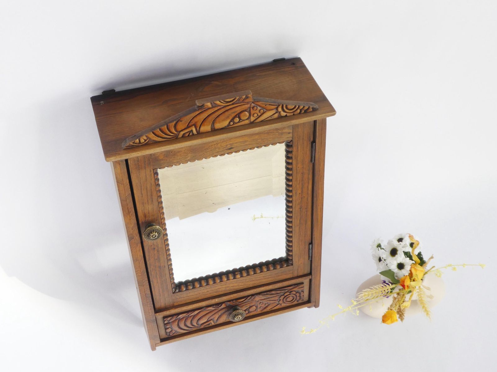 Antique Small Wooden Wall Cabinet Floral Carved Details, Mirror Apothecary With Drawer, Medicine Cabinet, Small Chest photo for sale
