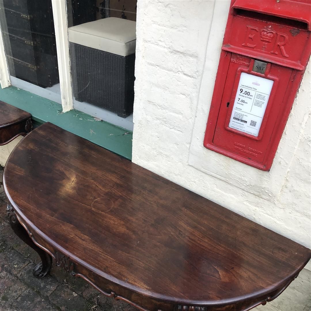 Pair Of Antique Mahogany Demi Lune Consoles With Carved Cabriole Legs C.1900 photo vinterior