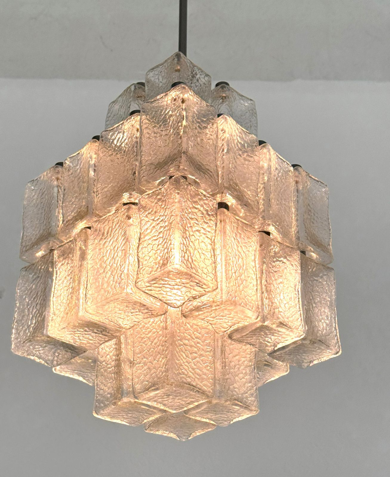 photo for sale Midcentury Chandelier In Chrome And Textured Glass By Swiss Bag Turgi, 1960s