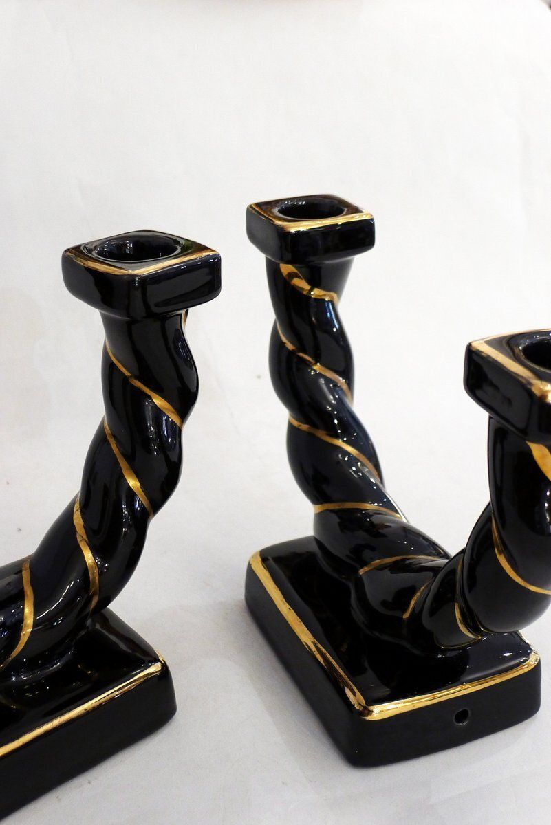 Mid Century Braided Earthenware Rope Double Candlesticks Attributed To Longchamp, France, 1950s, Set Of 2 photo for sale