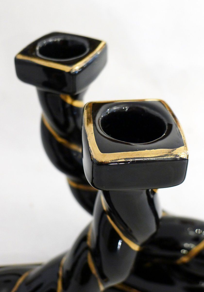 Mid Century Braided Earthenware Rope Double Candlesticks Attributed To Longchamp, France, 1950s, Set Of 2 photo vintage