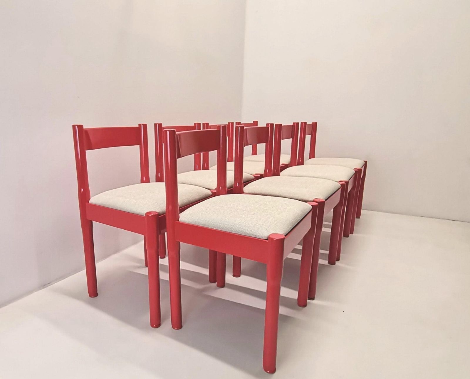 Furniture Set Of 8 Red 'Carimate' Dining Chairs Designed By Vico Magistretti / Midcentury Italian Upholstered Kitchen Chairs photo