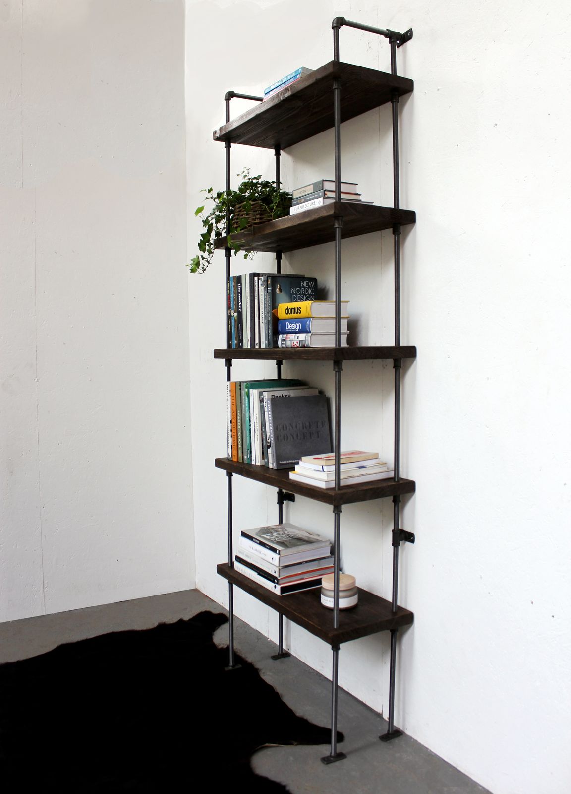 Stroud Bespoke Reclaimed Scaffolding Boards And Steel Shelving/Bookcase Unit With Threaded Pipe Supports photo vinterior