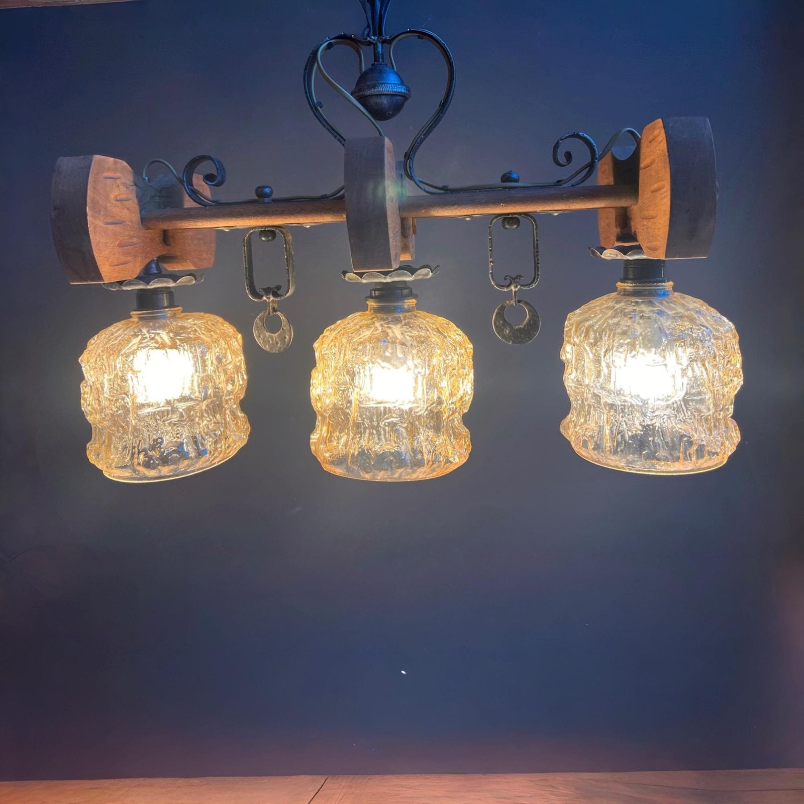 Lighting Vintage Rustic Mid Century Chandelier: Spanish Revival Wood Beam, Cracked Ice Amber Glass photo
