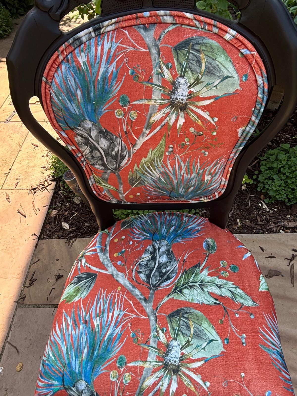Vintage Upholstered Rococo Chair, Black Frame With Bold Orange Velvet Upholstery, One Of A Kind Seating photo vintage