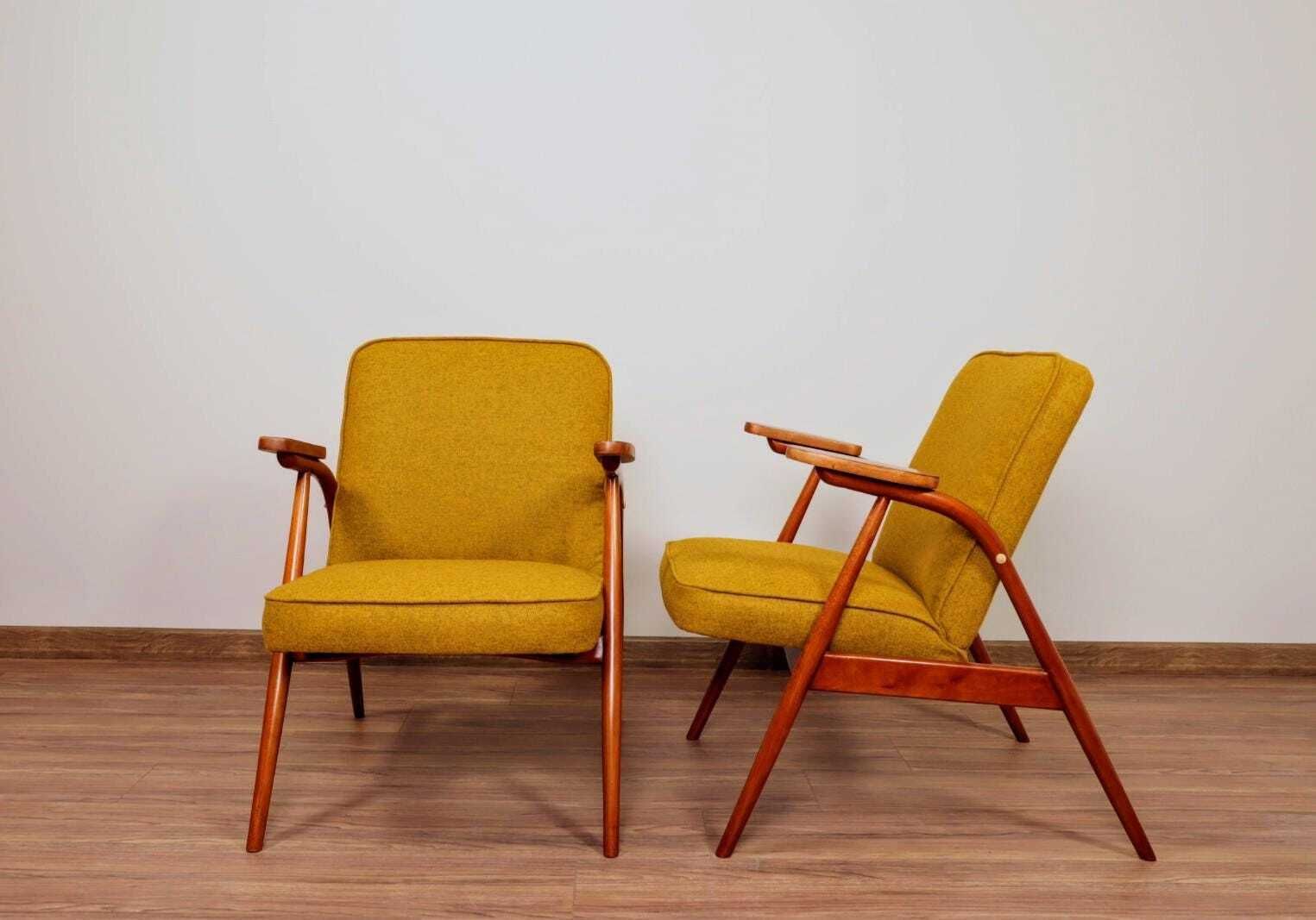 Set Of Mid Century Armchairs Ocher Yellow Wool, Turned Legs, 1960s