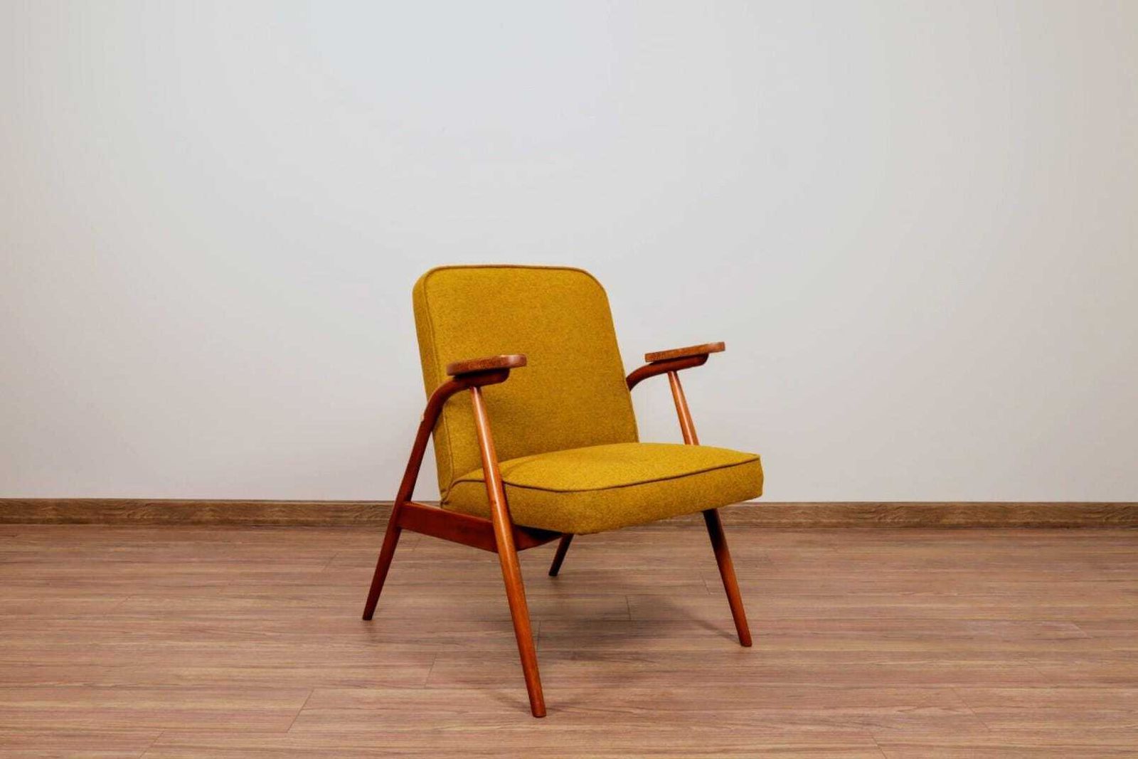 Mid Century Armchair Ocher Yellow Wool, Turned Legs, 1960s