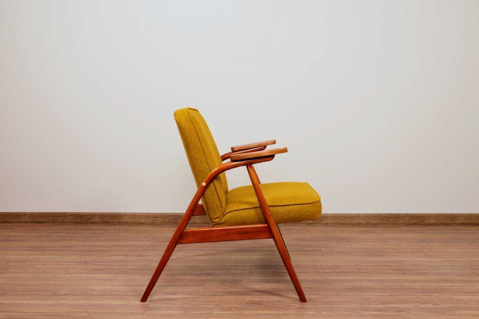 Mid Century Armchair Ocher Yellow Wool, Turned Legs, 1960s photo furniture