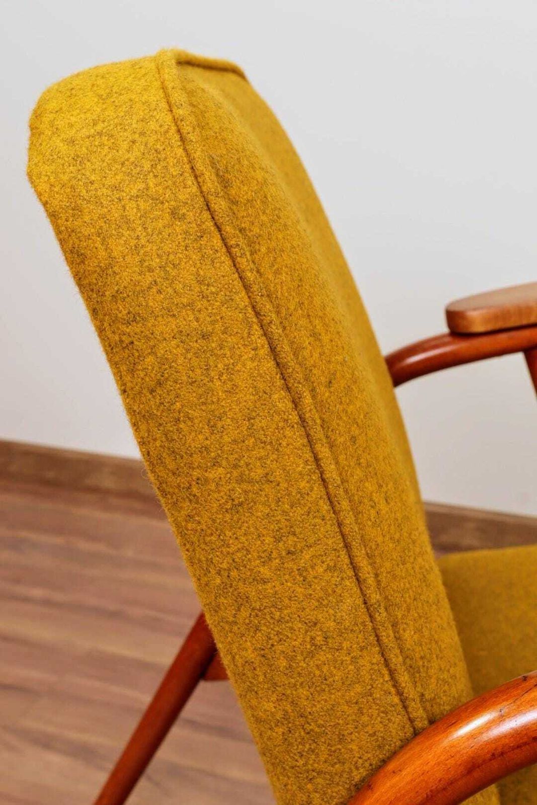 Mid Century Armchair Ocher Yellow Wool, Turned Legs, 1960s photo vintage