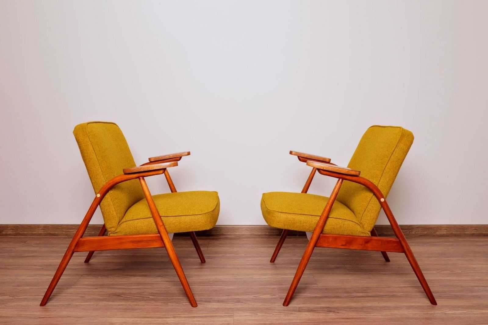photo furniture Mid Century Armchair Ocher Yellow Wool, Turned Legs, 1960s