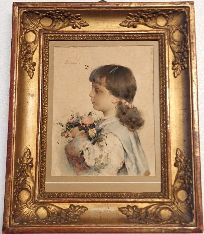 Watercolor On Paper, Portrait Of A Young Girl Signed Alessandro Rontini Florence (1854 1933),
